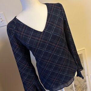 NWT Navy Plaid V-Neck Blouse